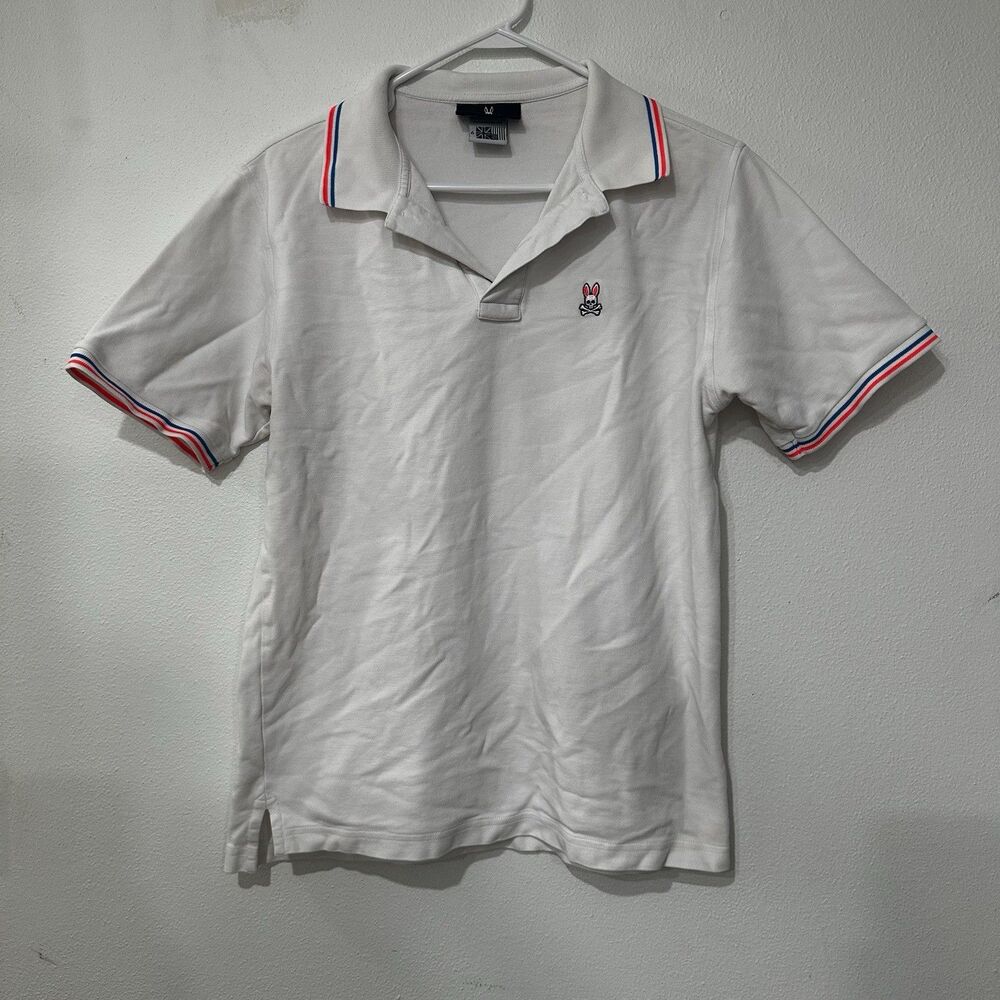 Psycho Bunny Men's White Jerret Tipped Logo Short Sleeve Polo Shirt Size 6 Flaws